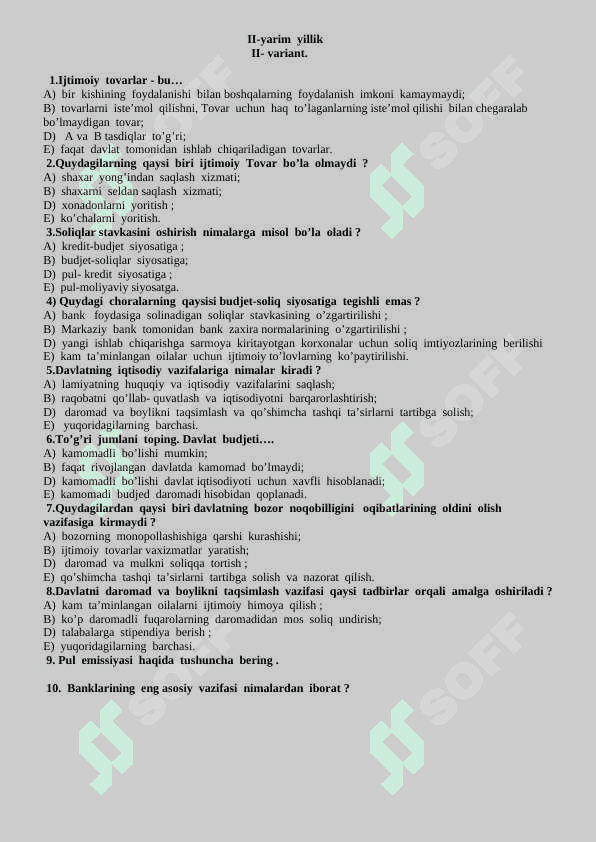 9-sinf Iqtisodiy bilim asoslari fanidan I-yarim yillik uchun test savollari 6