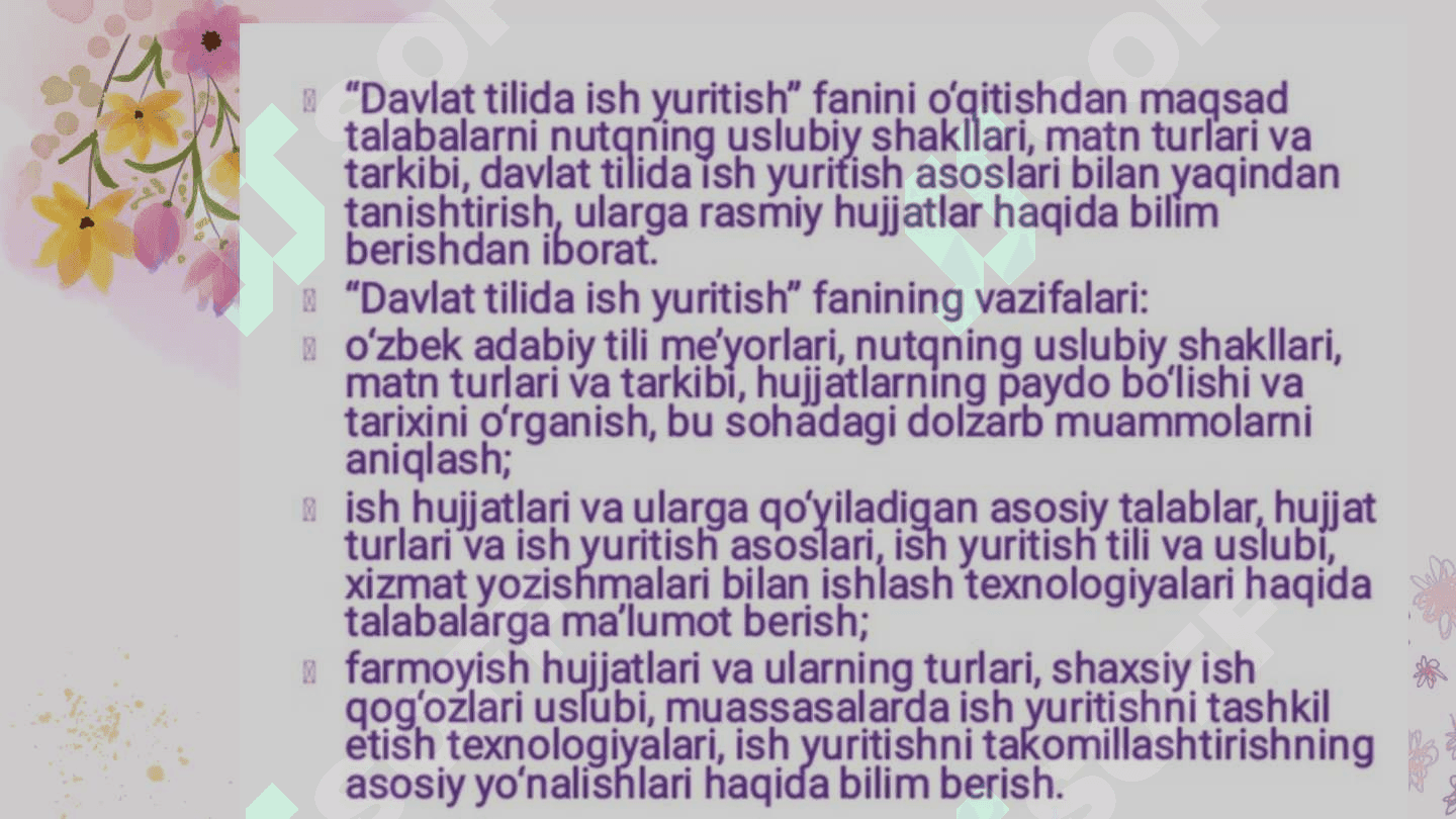 "Davlat tilida ish yuritish "fanining maqsad va vazifalari. SHarq davlatlarida hujjat yurituvlari 4