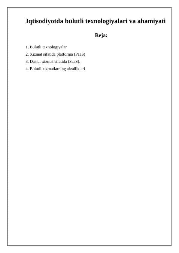 Iqtisodiyotda bulutli texnologiyalari va ahamiyati