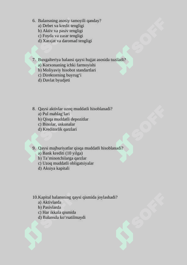 Buxgalteriya balansi bo‘yicha test savollari 2