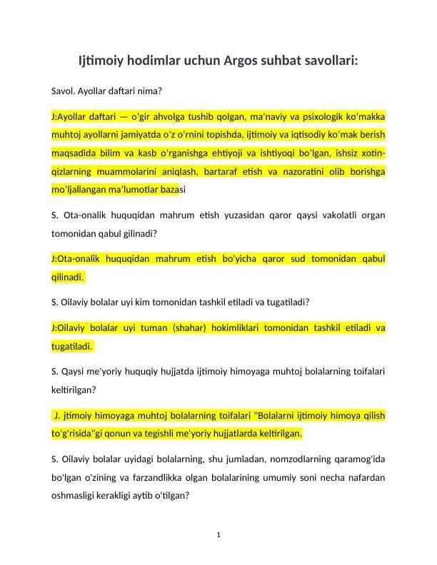 Ijtimoiy hodimga suhbat savollari javoblari bilan