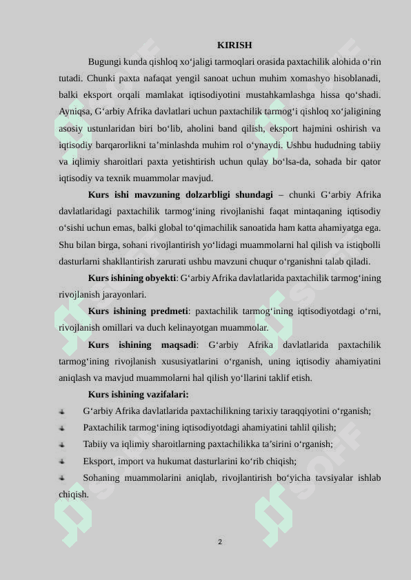G‘arbiy afrika davlatlarida paxtachilik tarmog‘ining rivojlanish xususiyatlari 2