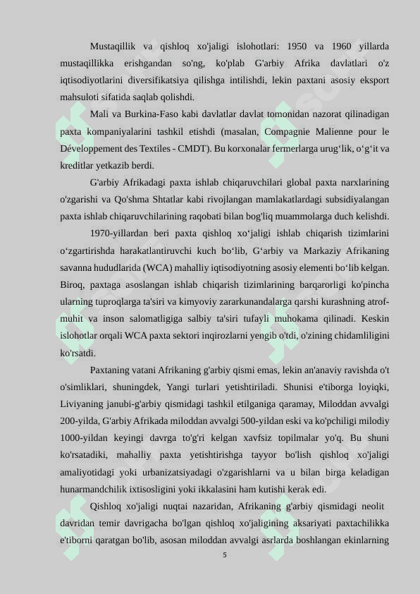 G‘arbiy afrika davlatlarida paxtachilik tarmog‘ining rivojlanish xususiyatlari 5