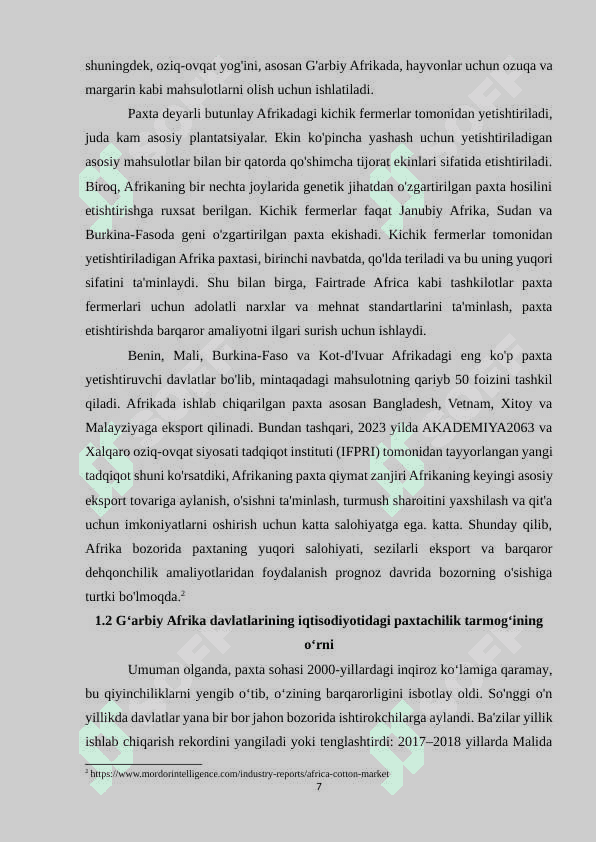G‘arbiy afrika davlatlarida paxtachilik tarmog‘ining rivojlanish xususiyatlari 7