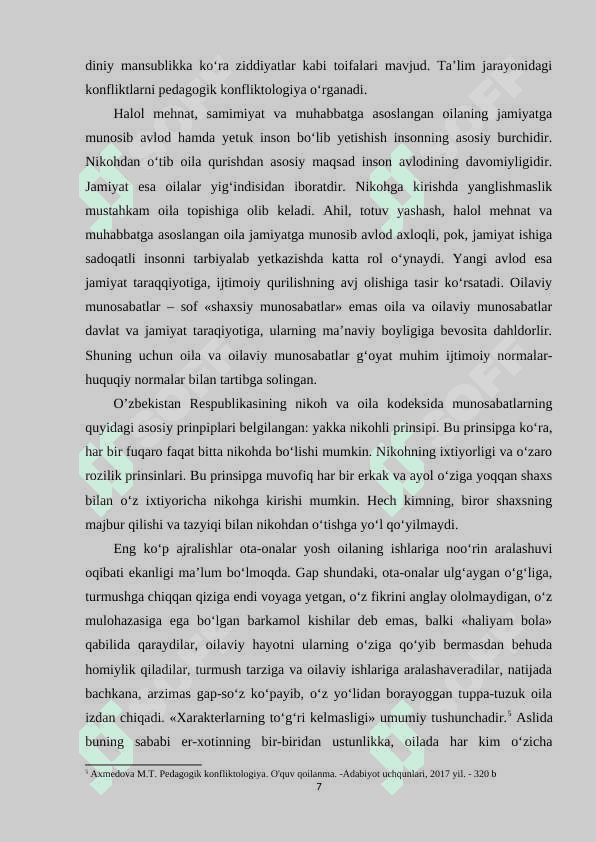 ZAMONAVIY O‘ZBEK OILASI ICHIDAGI ZIDDIYATLAR, INQIROZLAR HAMDA ULARNI BARTARAF ETISHDA O‘QITUVCHI YORDAMI. 7
