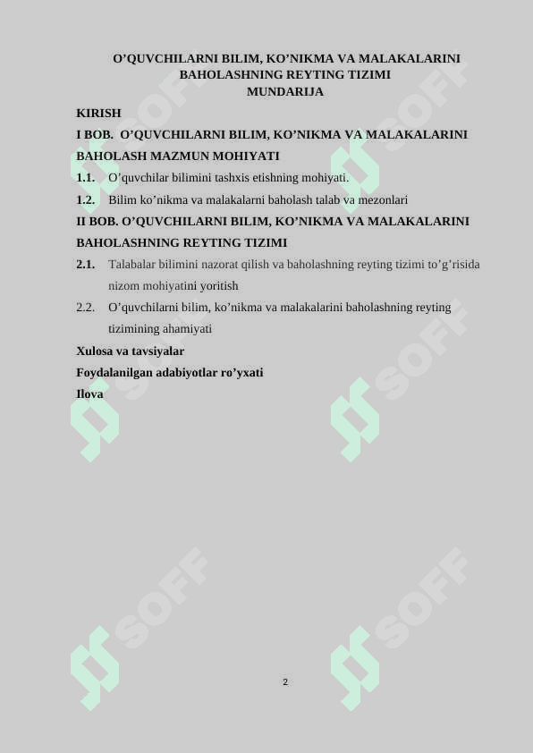 O’QUVCHILARNI BILIM, KO’NIKMA VA MALAKALARINI BAHOLASHNING REYTING TIZIMI kurs ishi 2
