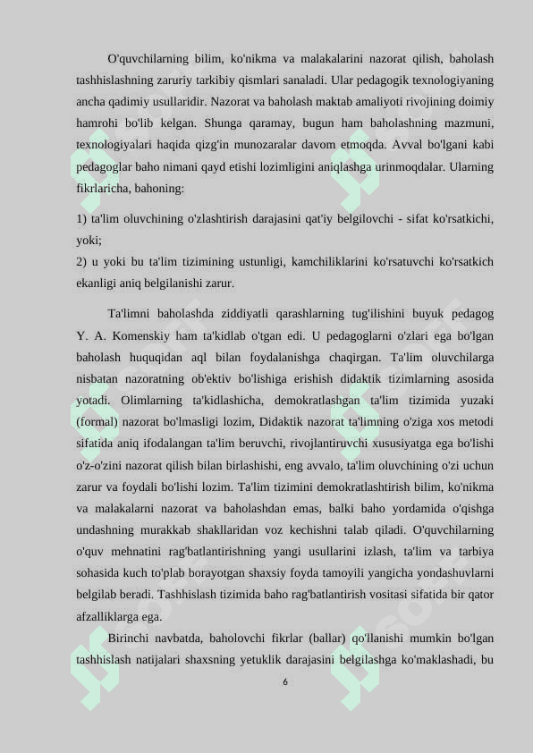 O’QUVCHILARNI BILIM, KO’NIKMA VA MALAKALARINI BAHOLASHNING REYTING TIZIMI kurs ishi 6