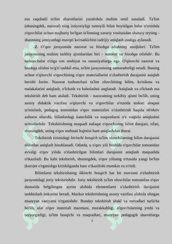 O’QUVCHILARNI BILIM, KO’NIKMA VA MALAKALARINI BAHOLASHNING REYTING TIZIMI kurs ishi 7