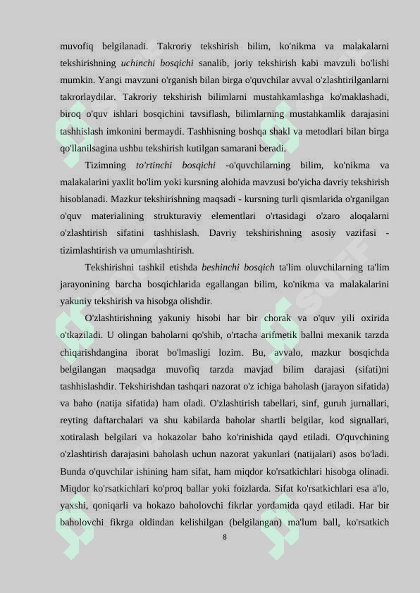 O’QUVCHILARNI BILIM, KO’NIKMA VA MALAKALARINI BAHOLASHNING REYTING TIZIMI kurs ishi 8