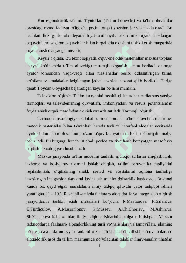 PEDAGOGIK FANLARNI O’QITISHDA MASOFAVIY TA’LIMDAN FOYDALANISH YO’LLARI kurs ishi 6