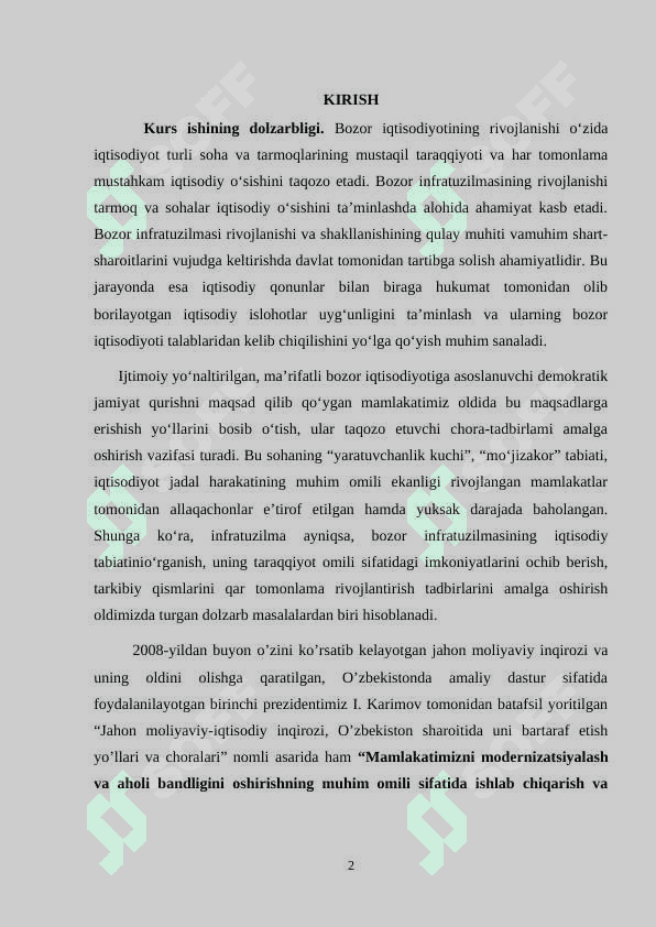Bozor infratuzilmasining  kurs ishi 2