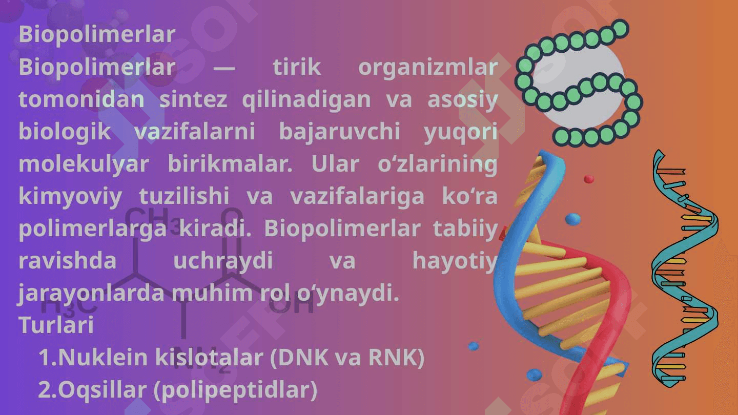 Aminokislotalar. Tuzilishi, xossalari va biologik vazifalari. Peptid va oqsillar. Oqsillarninig fazoviy konformatsiyalari. Peptid va oqsillarning funksiyalari. Oqsillarning fizik-kimyoviy hossalari 2