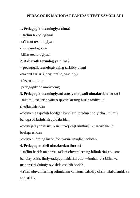 PEDAGOGIK MAHORAT FANIDAN TEST SAVOLLARI 1