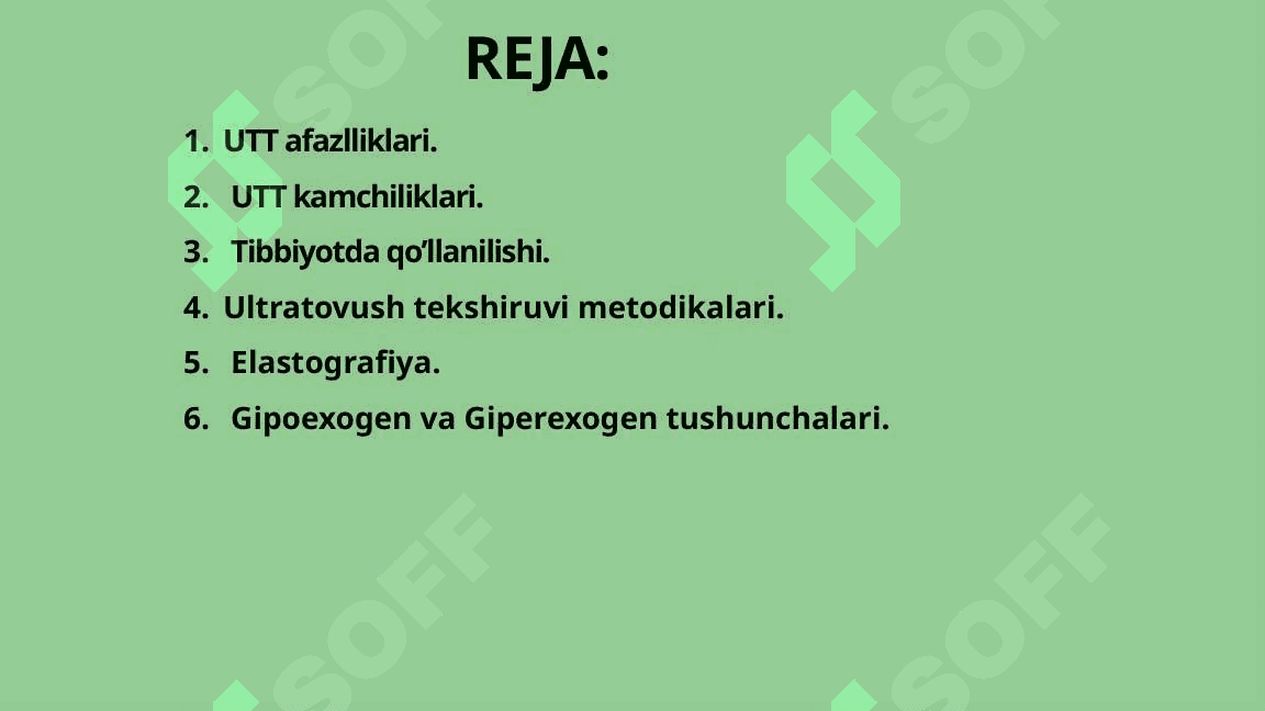 ULTRATOVUSH TEKSHIRUVI AFZALLIKLAR VA KAMCHILIKLARI.  UTT REKSHIRUVI............................................................................................................................................................................................................................................................... 2