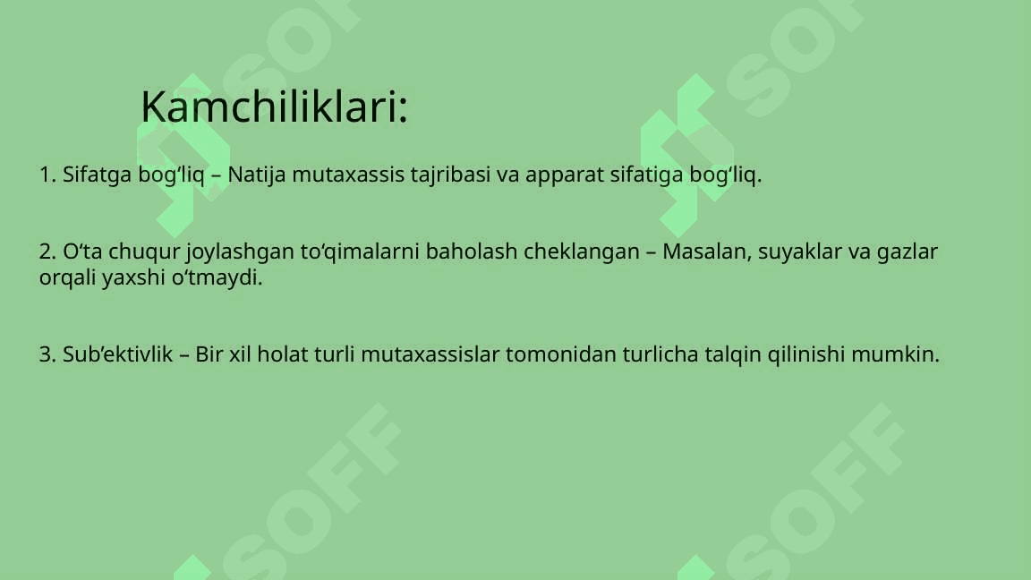 ULTRATOVUSH TEKSHIRUVI AFZALLIKLAR VA KAMCHILIKLARI.  UTT REKSHIRUVI............................................................................................................................................................................................................................................................... 4