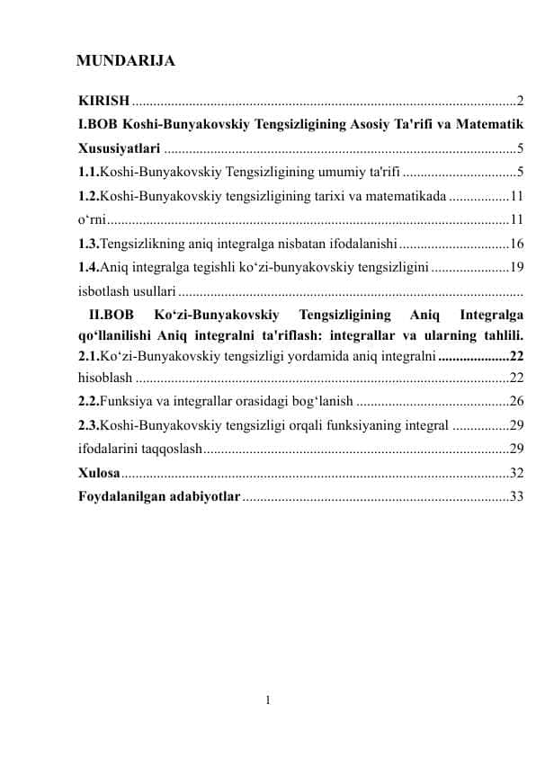 ANIQ INTEGRALLAR UCHUN KOSHI-BUNYAKOVSKIY TENGSIZLIGI