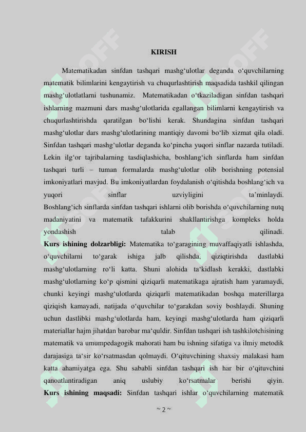 MATEMATIKA FANLARIDAN DARSDAN TASHQARI MASHG‘ULOTLARNI TASHKIL QILISH METODIKASI 2
