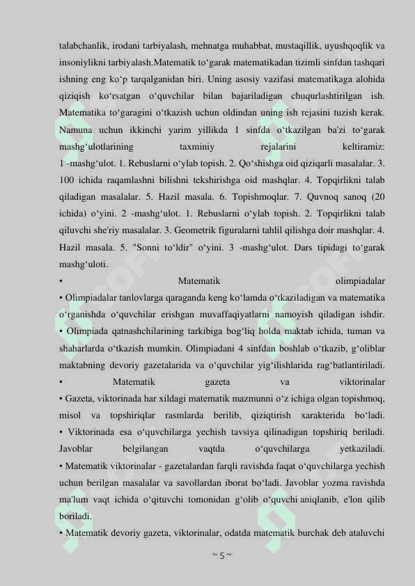 MATEMATIKA FANLARIDAN DARSDAN TASHQARI MASHG‘ULOTLARNI TASHKIL QILISH METODIKASI 5