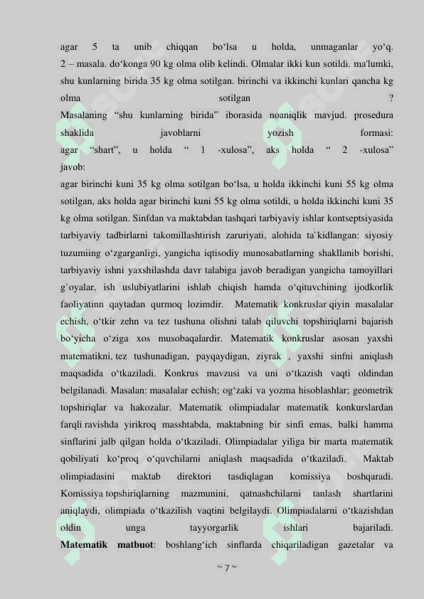 MATEMATIKA FANLARIDAN DARSDAN TASHQARI MASHG‘ULOTLARNI TASHKIL QILISH METODIKASI 7