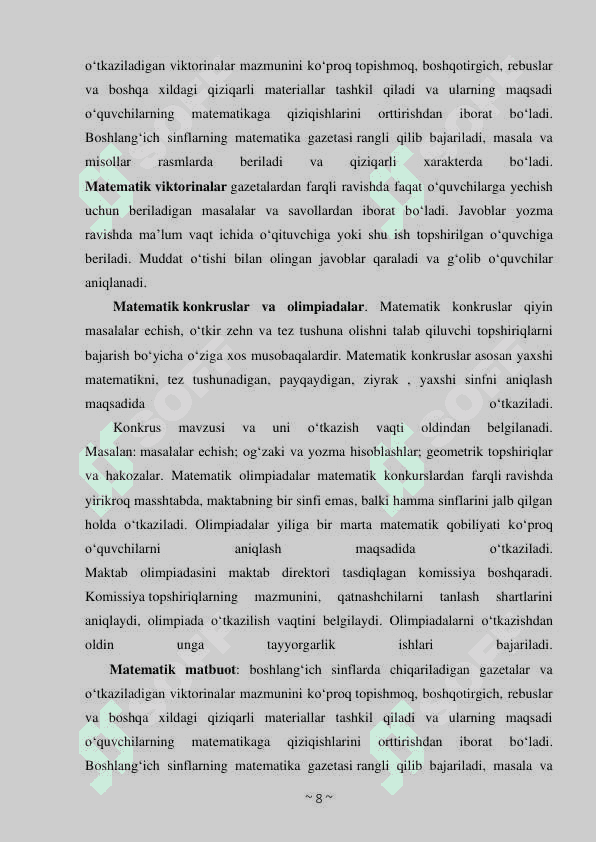 MATEMATIKA FANLARIDAN DARSDAN TASHQARI MASHG‘ULOTLARNI TASHKIL QILISH METODIKASI 8
