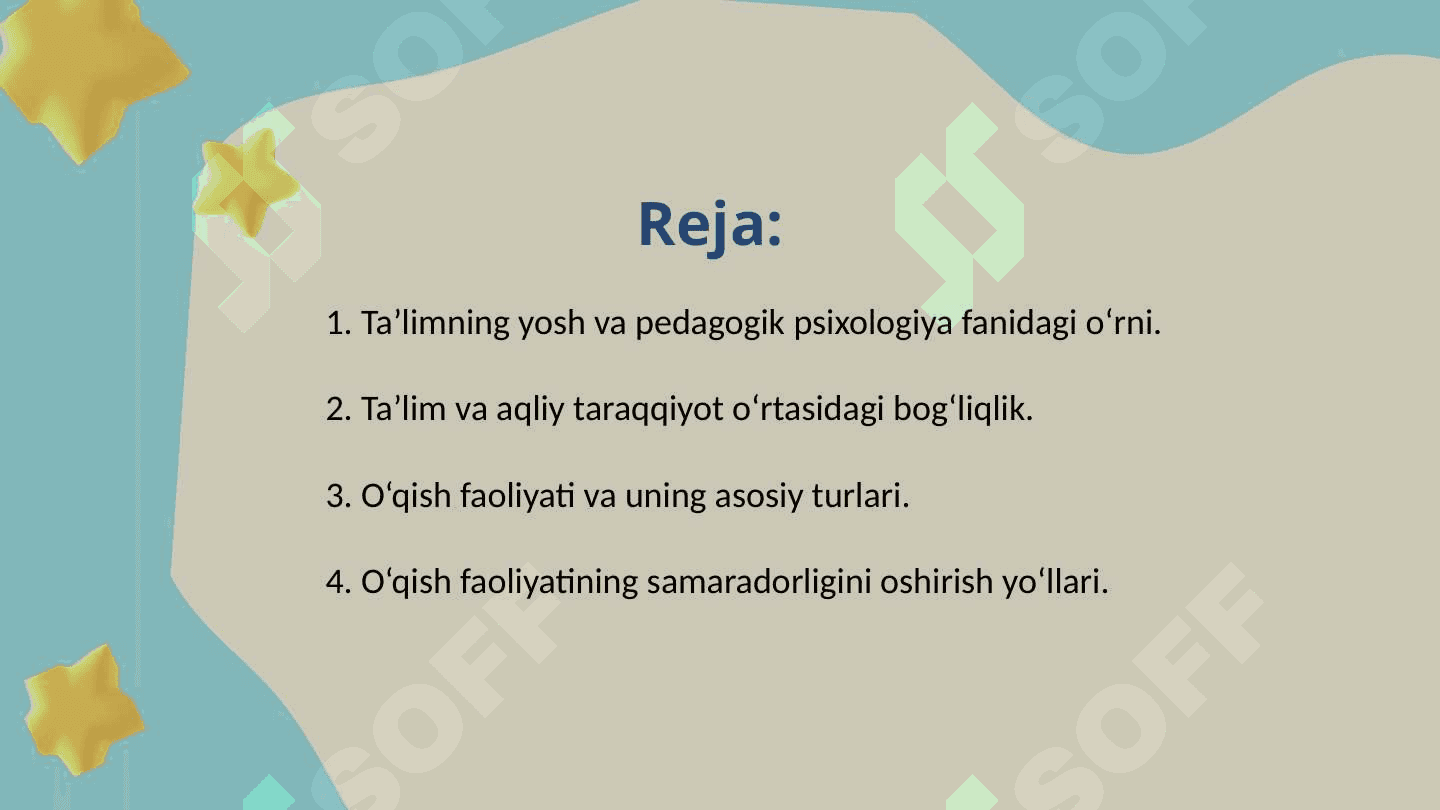 Taʼlimning yosh va pedagogik psixologiya fanidan tutgan oʻrni, taʼlim va aqliy taraqqiyot, oʻqish faoliyati va uning turlari 2