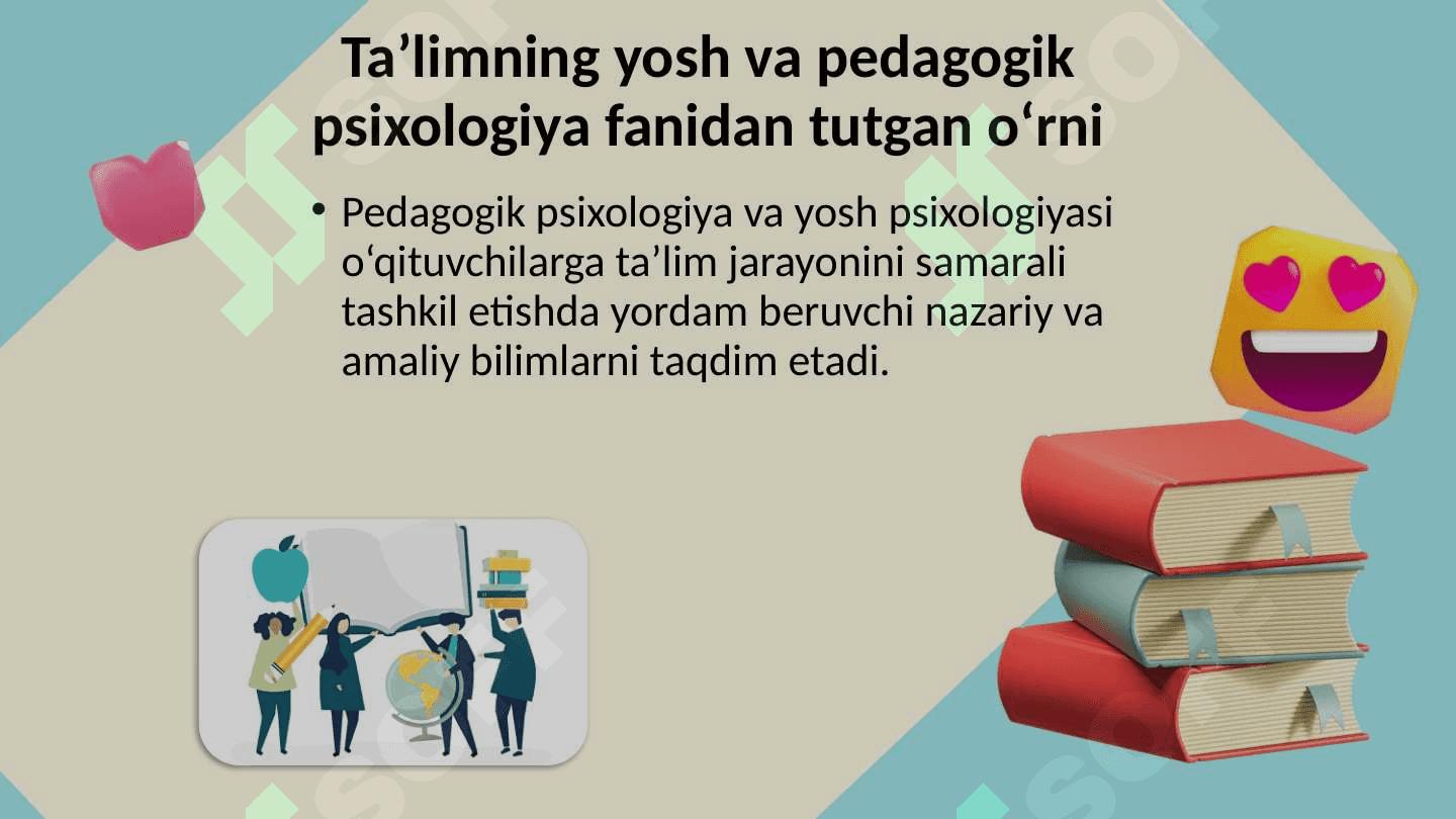 Taʼlimning yosh va pedagogik psixologiya fanidan tutgan oʻrni, taʼlim va aqliy taraqqiyot, oʻqish faoliyati va uning turlari 3