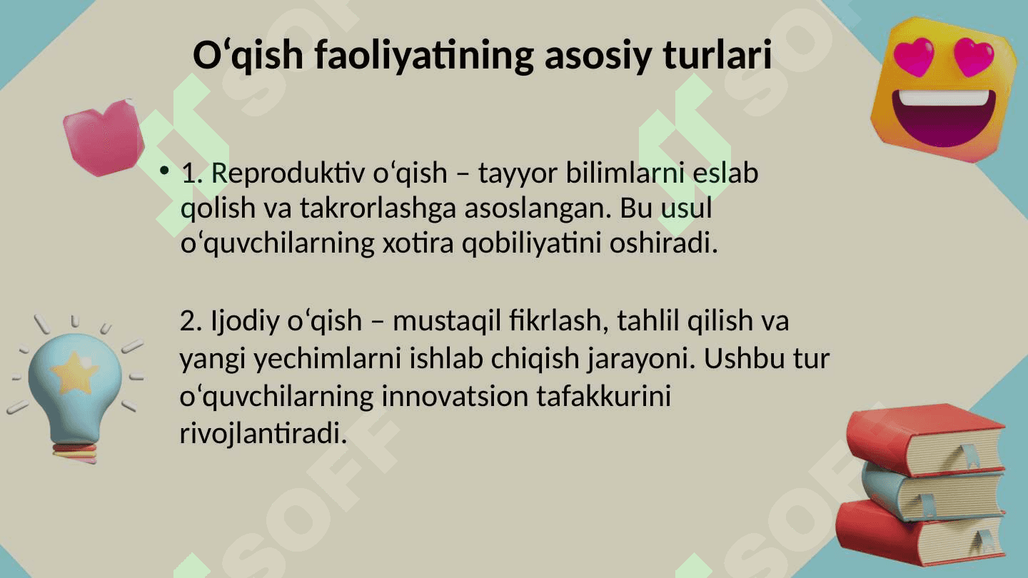 Taʼlimning yosh va pedagogik psixologiya fanidan tutgan oʻrni, taʼlim va aqliy taraqqiyot, oʻqish faoliyati va uning turlari 6