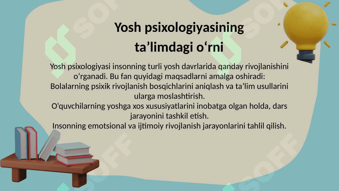 Taʼlimning yosh va pedagogik psixologiya fanidan tutgan oʻrni, taʼlim va aqliy taraqqiyot, oʻqish faoliyati va uning turlari 8