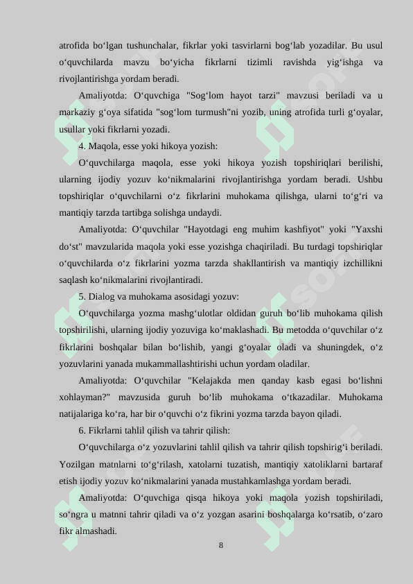 DARISLIKLARDA O`QUVCHILARNING IJODIY YOZUV KO'NIKMALARINI SHAKILLANTIRISH 8