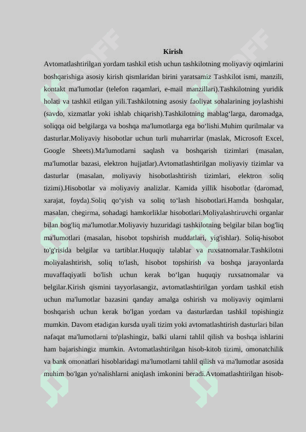 Tashkilotni moliyaviy oqimlarini boshqarish uchun avtomatlashtirilgan yordamni tashkil etish uchun ma’lumotlar bazasini yaratish 3