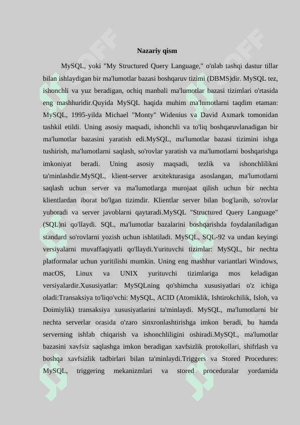 Tashkilotni moliyaviy oqimlarini boshqarish uchun avtomatlashtirilgan yordamni tashkil etish uchun ma’lumotlar bazasini yaratish 6