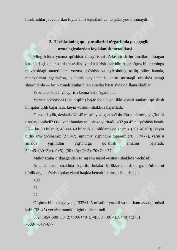 BOSHLANGLICH SINF O‘QUVCHILARINI QO‘SHISH VA KO‘PAYTIRISHNING XOSSALARIDAN FOYDALANIB MISOLLAR YECHISHGA O‘RGATISH METODIKASI 7