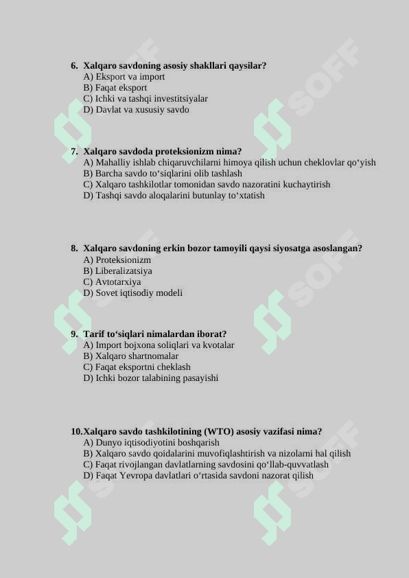 Xalqaro savdoning mazmuni, zaruriyati va rivojlanish bosqichlari test 2