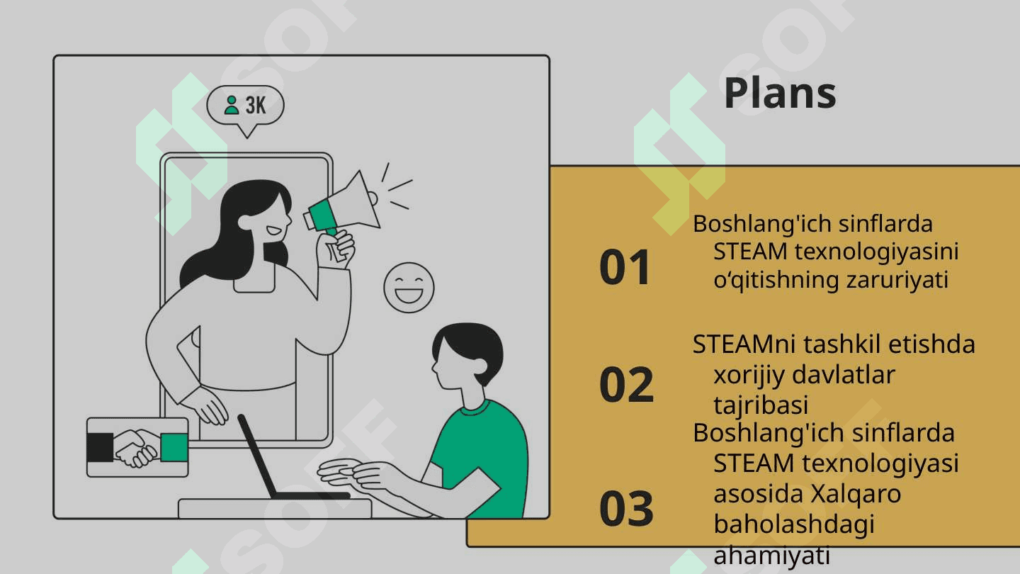 Boshlang'ich sinflarda STEAM texnologiyasi o'qitishning zaruriyati. STEAMni tashkil etishda xorijiy davlatlar tajribasi.Boshlang‘ich sinflarda STEAM texnologiyasi asosida Xalqaro baholashdagi ahamiyati 2