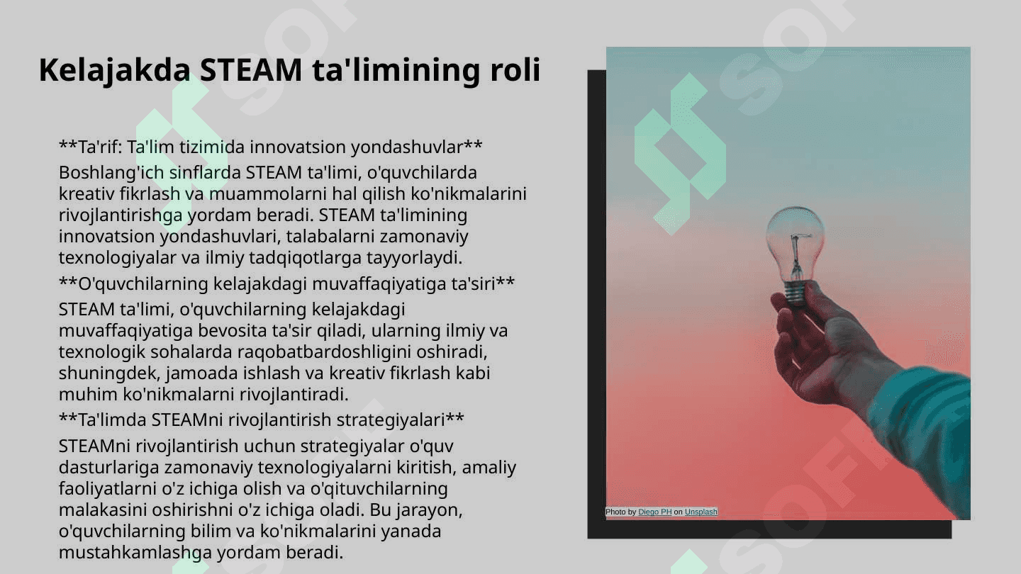 Boshlang'ich sinflarda STEAM texnologiyasi o'qitishning zaruriyati. STEAMni tashkil etishda xorijiy davlatlar tajribasi.Boshlang‘ich sinflarda STEAM texnologiyasi asosida Xalqaro baholashdagi ahamiyati 8