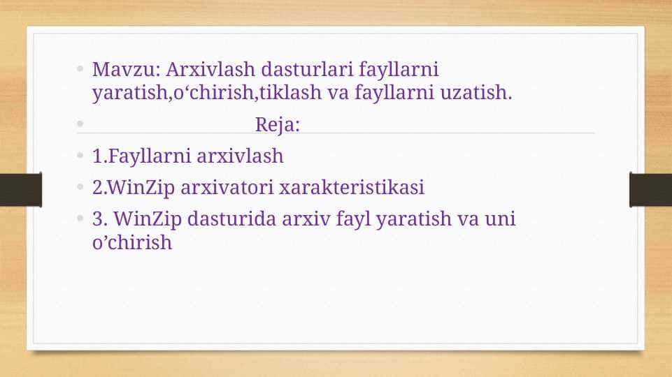 Arxivlash dasturlari fayllarni yaratish,o‘chirish,tiklash va fayllarni uzatish