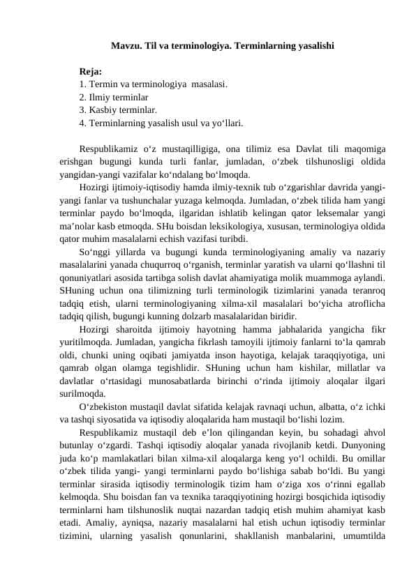 Til va terminologiya. Terminlarning yasalishi 1
