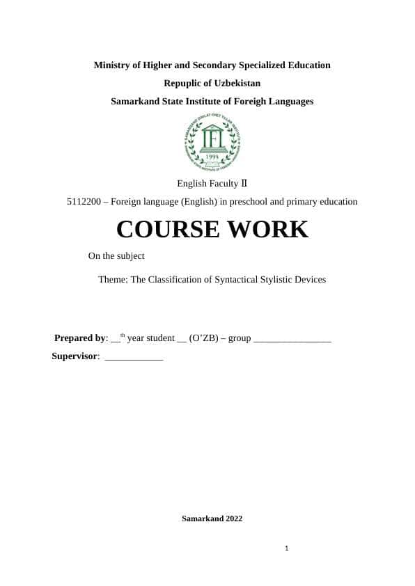 The Classification of Syntactical Stylistic Devices 1
