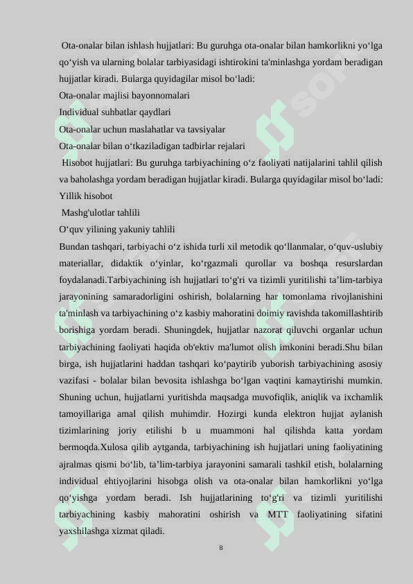 Tarbiyachining oylik ish rejasi (ish jurnali)ni yuritish tartibi va uning ta’lim jarayonidagi roli 8