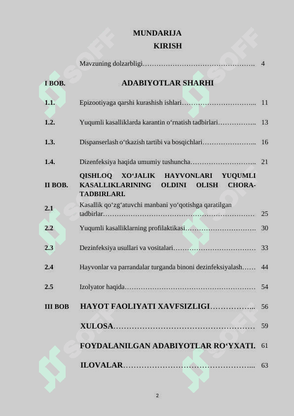 Qishloq xo‘jaligi hayvonlarining yuqumli kasalliklarini oldini olishda veterinariya-sanitariyasining asosiy turlari va bajarilishi 2