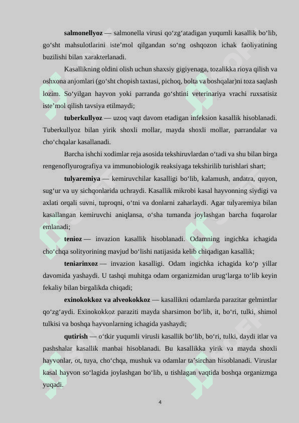 Qishloq xo‘jaligi hayvonlarining yuqumli kasalliklarini oldini olishda veterinariya-sanitariyasining asosiy turlari va bajarilishi 4