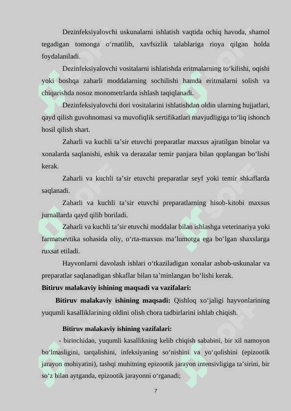 Qishloq xo‘jaligi hayvonlarining yuqumli kasalliklarini oldini olishda veterinariya-sanitariyasining asosiy turlari va bajarilishi 7