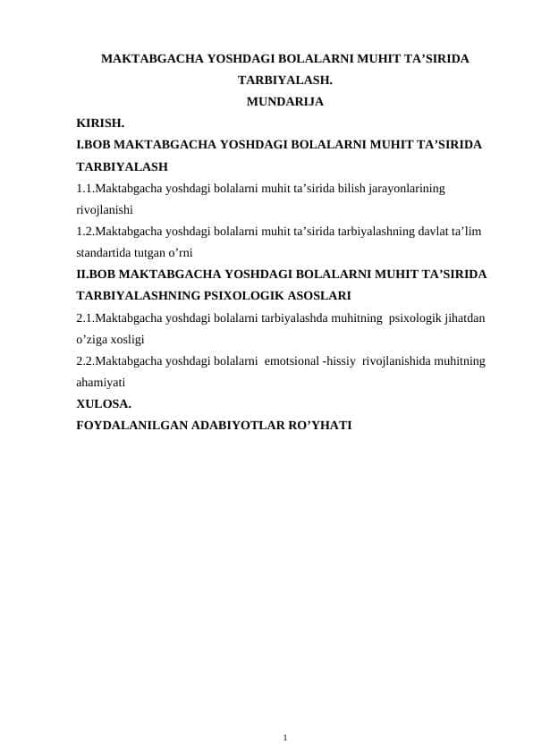 MAKTABGACHA YOSHDAGI BOLALARNI MUHIT TAʼSIRIDA TARBIYALASH
