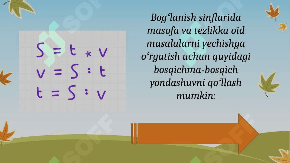 Bogʻlangʻich sinflarda,masofa va tezliklarga doir masalalarni,yechishga oʻrgatish 2
