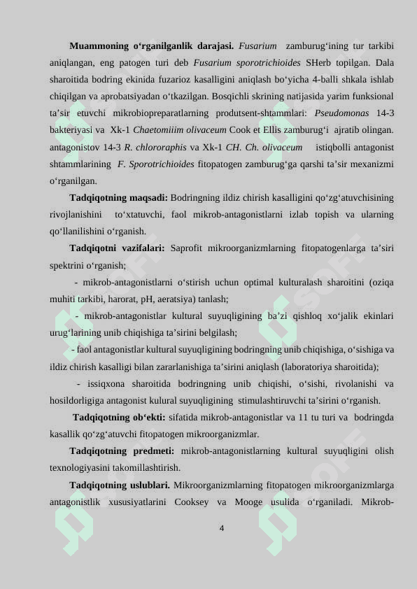 BODRINGNING FUZARIOZ KASALLIKLARIGA QARSHI MIKROB -ANTOGANISTLARINI  QO’LLASH 5