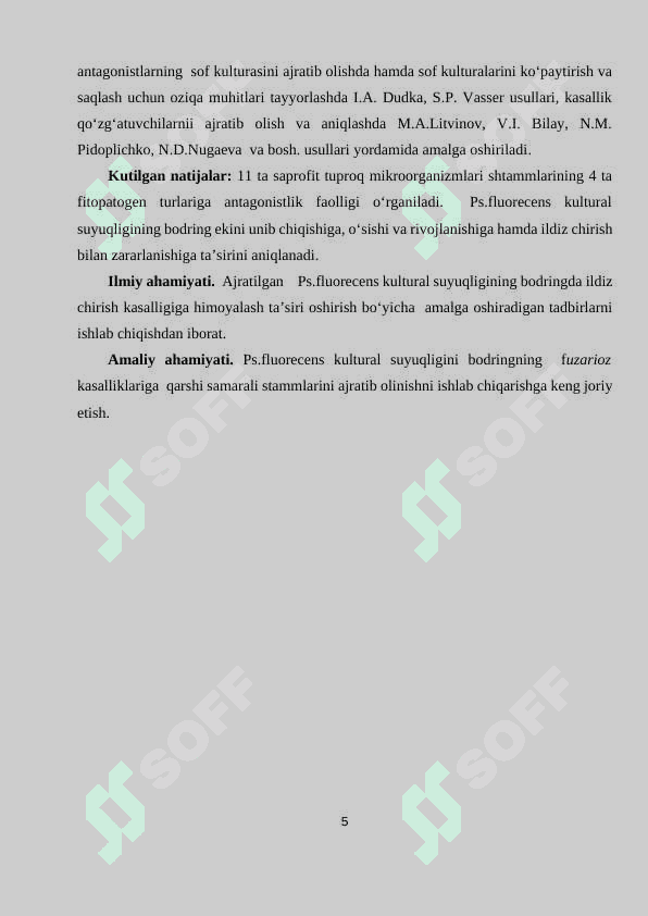 BODRINGNING FUZARIOZ KASALLIKLARIGA QARSHI MIKROB -ANTOGANISTLARINI  QO’LLASH 6