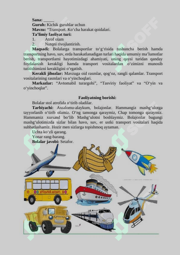 Transport. Ko‘cha harakat qoidalari mavzusida mashg'ulot ishlanmasi 2