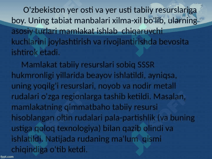 O‘zbekistonning tabiiy resurslari, ulardan oqilona foydalanish, muhofaza  qilish va takror ishlab chiqarish 3