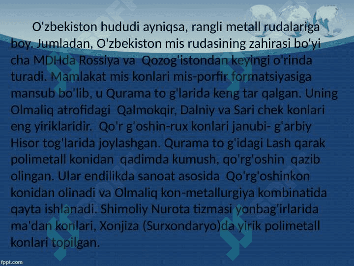 O‘zbekistonning tabiiy resurslari, ulardan oqilona foydalanish, muhofaza  qilish va takror ishlab chiqarish 7