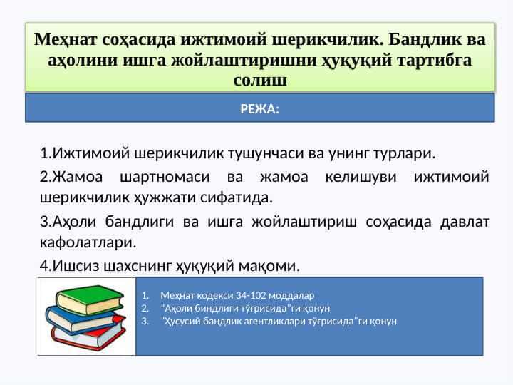 Mehnat sohasida ijtimoiy sherikchilik. Bandlik va axolini ishga joylashtirishni huquqiy tartibga solish